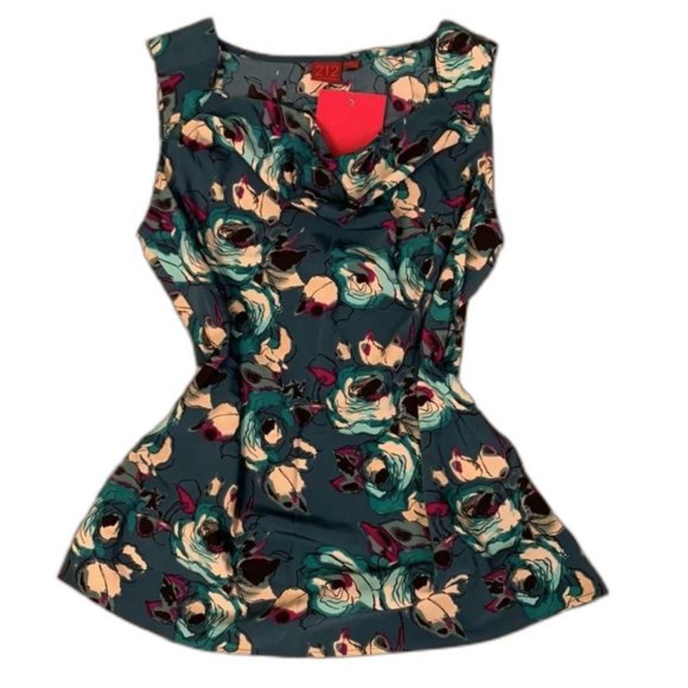 Floral Cowl Neck Blouse Sleeveless Blue Size XS NWT 212 Collection